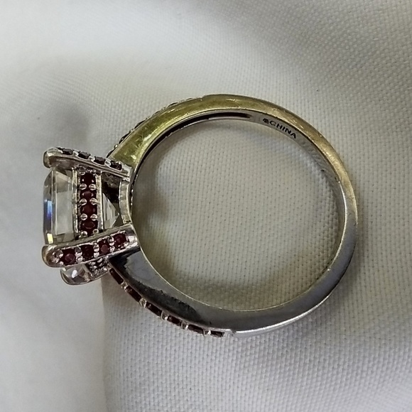 Sterling Silver & Cushion Cut CZ Stone Ring with Red Stone Pave Accent / Size 8 - Picture 8 of 8